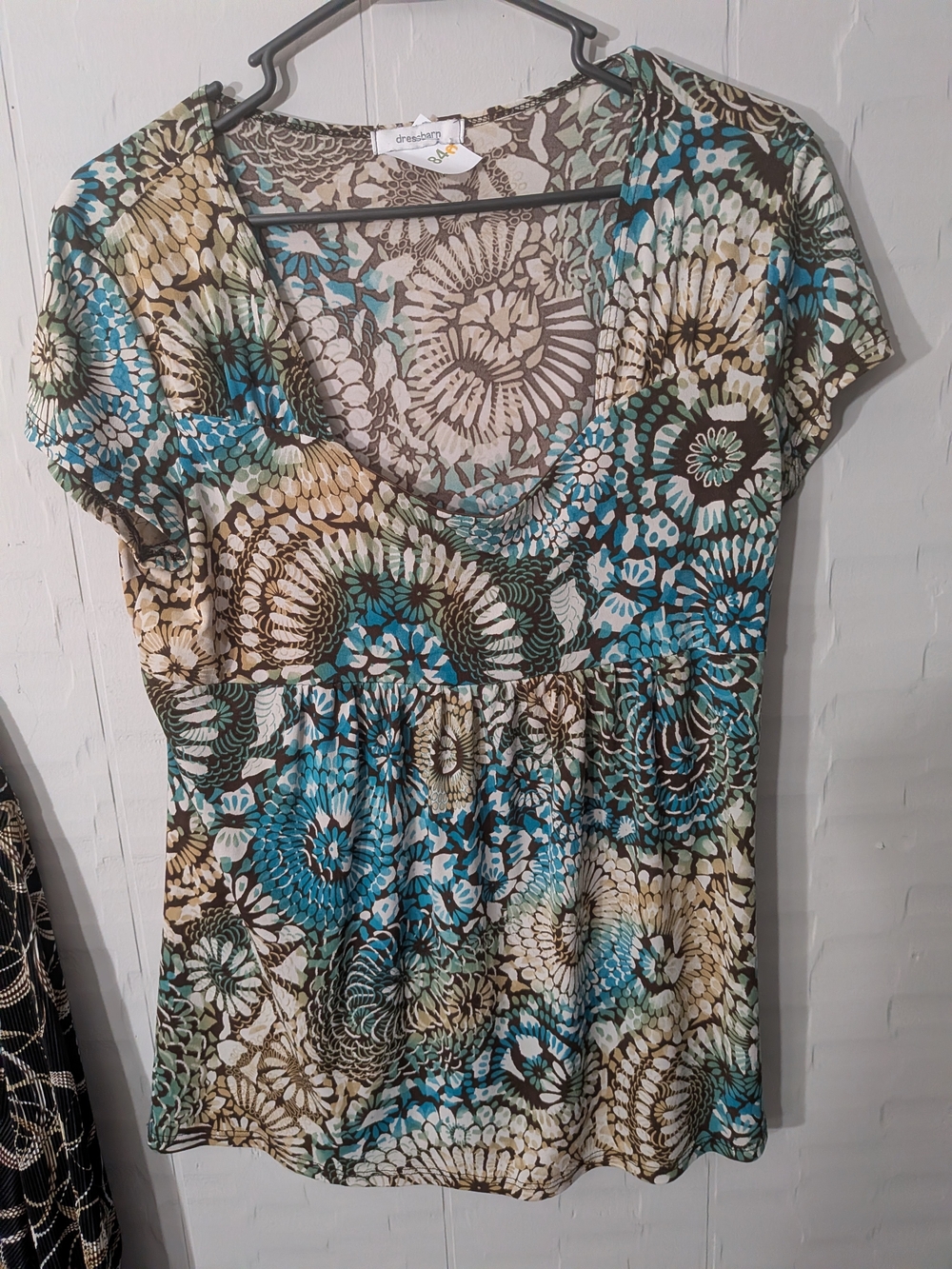 dressbarn Teal, Brown & Cream Floral Scoop-Neck Top